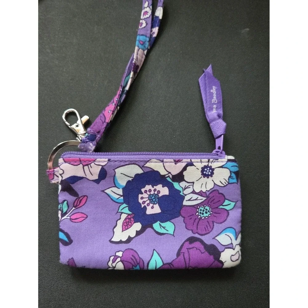 Vera Bradley Enchanted Garden Floral Zip Pouch ID Teacher Lanyard Purple Butter